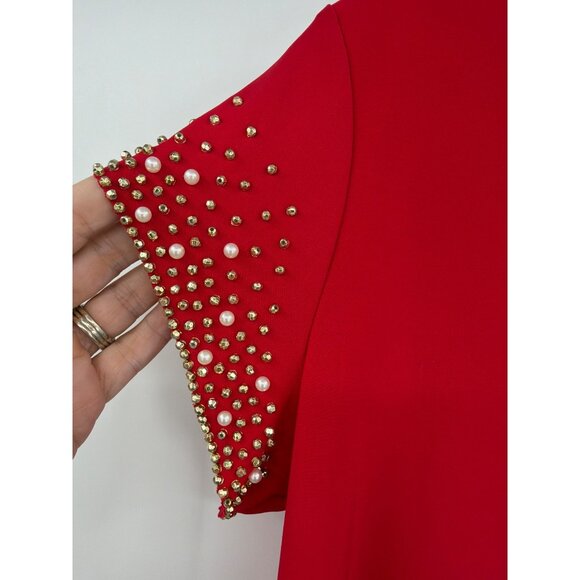 Nik and Nash Size L Red Top Gold Pearl Embellished Sleeves Womens New - Picture 3 of 5